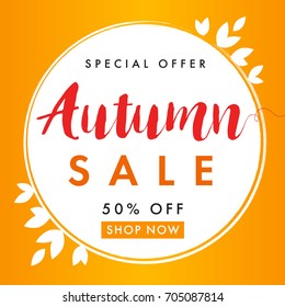 Autumn sale vector flyer template with lettering Special Offer 50% off shop now. Autumn sale background banner. Fall sale poster, card, label, banner design