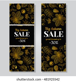 Autumn sale vector gold banner with leaves and berry. Hand drawn fall  illustration with frame and botanical elements. Great for voucher, offer, coupon, black friday sale.