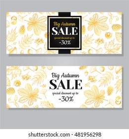 Autumn sale vector gold banner with leaves and berry. Hand drawn fall  illustration with frame and botanical elements. Great for voucher, offer, coupon, black friday sale.