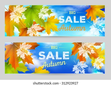 Autumn Sale vector horizontal banner, background with maple leaves
