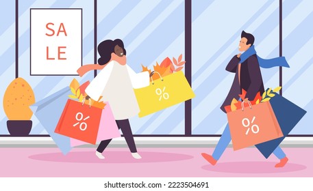 Autumn Sale Vector Illustration. Cartoon Man And Woman Holding Paper Bags With Percent Discount Sign And Fall Leaves, Young Happy People Walking On City Street For Seasonal Shopping In Retail Shops