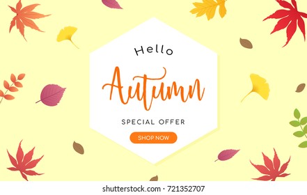 Autumn Sale Vector illustration, Autumn leaves on yellow background.
