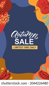 Autumn sale vector illustration with lettering typography of autumn. Autumn sale icon, badge, poster, banner with signature. Apple, leaves, pomergranate. Autumn sale template for postcard, invitation
