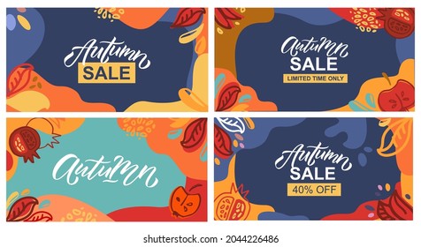 Autumn sale vector illustration with lettering typography of autumn. Autumn sale icon, badge, poster, banner with signature. Apple, leaves, pomergranate. Autumn sale template for postcard, invitation