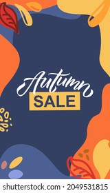 Autumn sale vector illustration template with lettering typography of autumn. Autumn sale icon, badge, poster, banner with signature. Apple, leaves, pomergranate. Autumn sale template for postcard