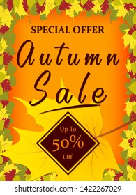 Autumn sale vector poster design with colorful autumn leaves and sale discount text for fall season shopping promotion. Autumn background. Vector illustration.