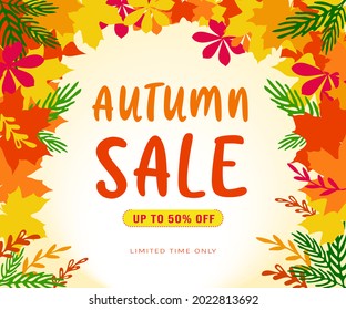 Autumn sale vector poster design with colorful maple leaves and sale discount text for fall season shopping promotion. Autumn leaves background. Vector Illustration.