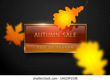 Autumn sale vector poster with yellow autumn leaves. Dark luxury banner. Golden text on red orange rectangular label gold frame. Black geometric pattern background