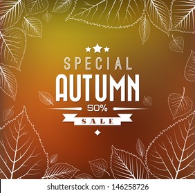 Autumn Sale Vector Retro Poster With Abstract Blurred Fall Background And White Leafs