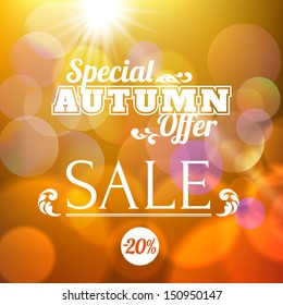 Autumn sale vector retro poster with baroque scroll background 