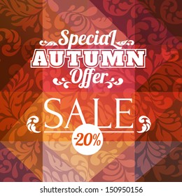 Autumn sale vector retro poster with baroque scroll background 