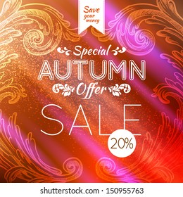 Autumn sale vector retro poster with barouqe scroll background
