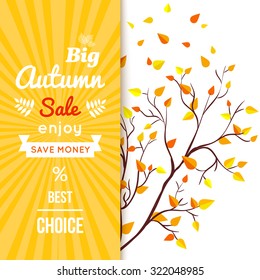 Autumn sale vector retro poster with autumn branch background