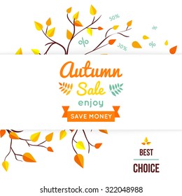 Autumn sale vector retro poster with autumn branch background