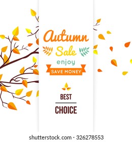 Autumn sale vector retro poster with autumn branch background