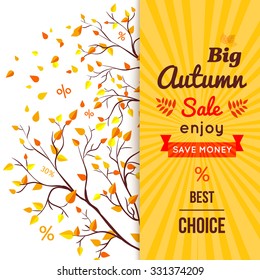 Autumn sale vector retro poster with autumn branch background