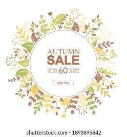 Autumn sale vector round banner with colorful leaves, branches and flowers on grey background. Design for advertising, promotion, flyer, invitation,card, website, poster