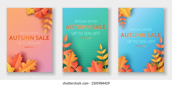 Autumn sale vertical banners set in trendy paper cut style  Special offer flyer and orange  yellow  red leaves in pastel colors  Up to off 