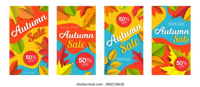 autumn sale vertical banners set  design with  leaves on geometric colorful abstract shapes background for social media
