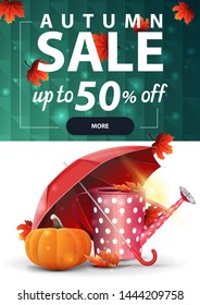 Autumn sale, vertical discount web banner for your site with polygonal texture, garden watering can, umbrella and ripe pumpkin