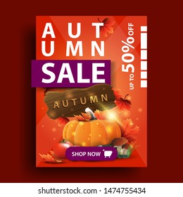 Autumn sale, vertical orange discount banner with harvest of vegetables and a wooden sign