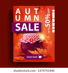 Autumn sale, vertical orange discount banner with jar of jam and maple leaves