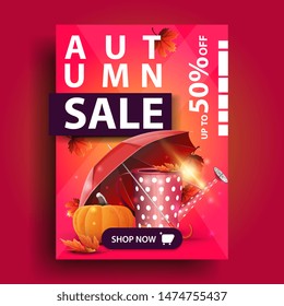 Autumn sale, vertical pink discount banner with garden watering can, umbrella and ripe pumpkin