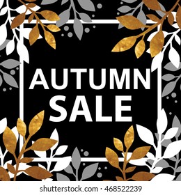 Autumn sale vintage  typography poster with gold texture leaves. Vector illustration.