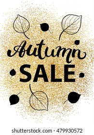 Autumn sale vintage typography poster with gold glitter texture splash and leaves.  Concept leaflet, flyer, poster advertising or any design. Vector illustration.