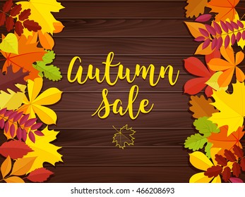 Autumn sale vintage vector typography poster on wood background. Vector illustration