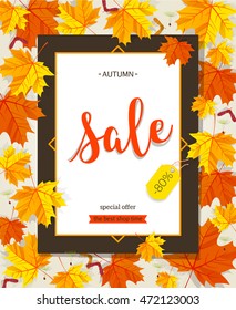 Autumn sale vintage vector typography poster with autumn color leaves. Vector illustration