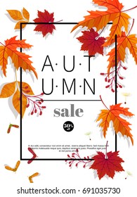 Autumn sale vintage vector typography poster with autumn color leaves. Vector illustration