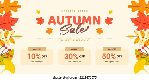 Autumn sale voucher coupon template background vector illustration. Promotion coupon on autumn leaves colors border