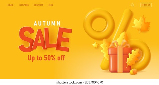 Autumn sale web banner with 3d render illustration of gift box and autumn leaves with mono chrome big percent sign with typography