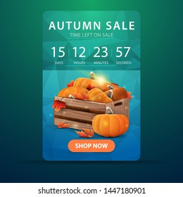 Autumn sale, web banner with countdown to the end of the sale with wooden crates of ripe pumpkins and autumn eaves