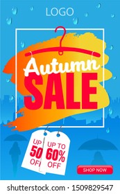 Autumn sale web banner with hangers for clothes,  50%, 60% off , rainy city background. Vector elements for invitation flyer, promotion stickers, web banner and poster design.