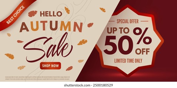 Autumn sale web banner, promotion poster. Red flyer, with decorative fallen leaves. Vector template, marketing leaflet.