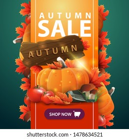 Autumn sale, web banner with ribbon, harvest of vegetables and a wooden sign