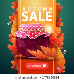 Autumn sale, web banner with ribbon, jar of jam and maple leaves