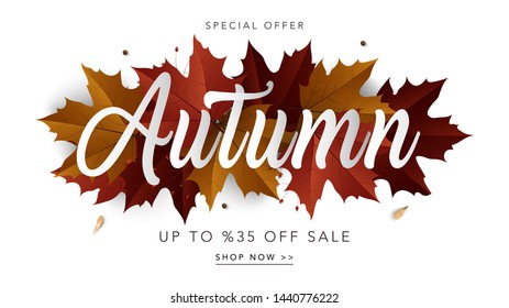 Autumn sale web banner template. Fall sale background with maple leaves. Calligraphic lettering on maple leaves. Vector illustration for card, posters, banners, leaflets, promotions.