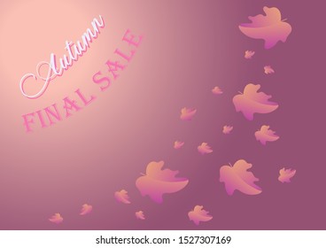 Autumn sale web banner template. Leaves falling down. Pink pastel background. Vector illustration.