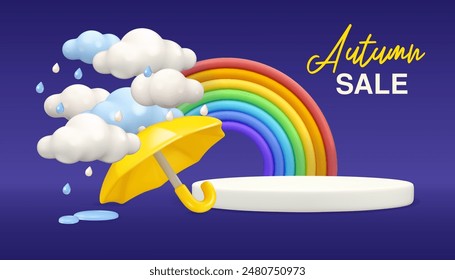 Autumn sale web banner template. Yellow umbrella, rain clouds and drops with podium and rainbow backdrop. Vector 3d poster mockup background, monsoon illustration