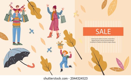 Autumn sale website layout with family going shopping, vector illustration. Autumn season sale or clearance, discount events of stores advertising website template.