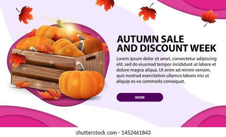 Autumn sale the week of discounts, today's web banner in paper cut style with wooden crates of ripe pumpkins and autumn eaves