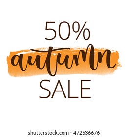 Autumn sale white hand written inscription on orange banner watercolor background