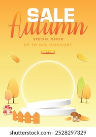 Autumn sale with the white podium, fall leaves, autumn trees, mushrooms, neon light on the warm tone and orange background, vector and illustrator eps 10.