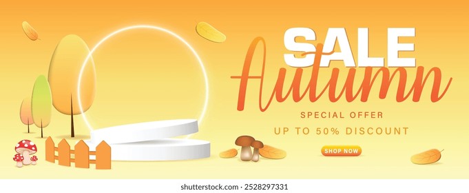 Autumn sale with the white podium, fall leaves, autumn trees, mushrooms, neon light on the warm tone and orange background, vector and illustrator eps 10.