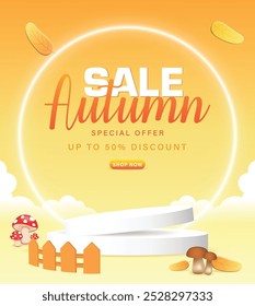 Autumn sale with the white podium, fall leaves, autumn trees, mushrooms, neon light on the warm tone and orange background, vector and illustrator eps 10.