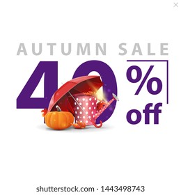 Autumn sale, white stylish discount banner with large numbers with garden watering can, umbrella and ripe pumpkin