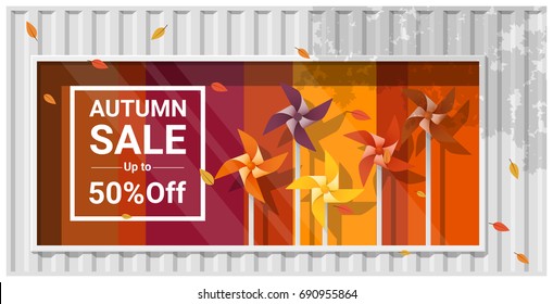 Autumn sale window display with colorful pinwheels background , vector , illustration